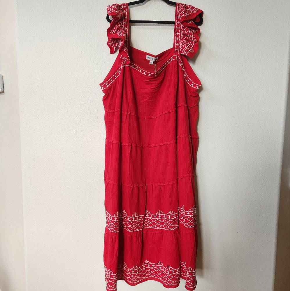 NWT Knox Rose Tiered Midi Dress Red with White Embroidery Ruffled Straps - Picture 1 of 10